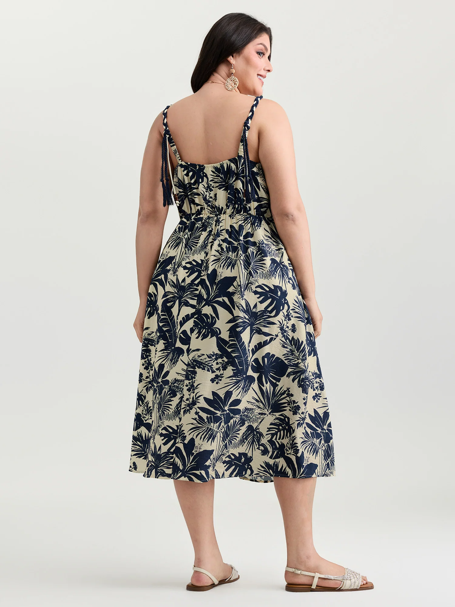 Tropical Print Stretchy Waist Midi Dress - Image 4