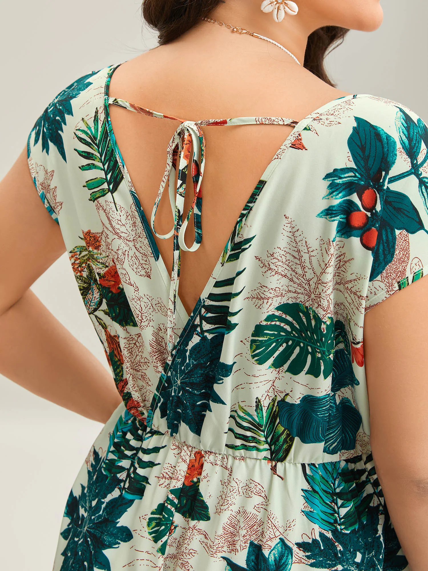 Tropical Print Surplice Neck Back Tie Jumpsuit - Image 2