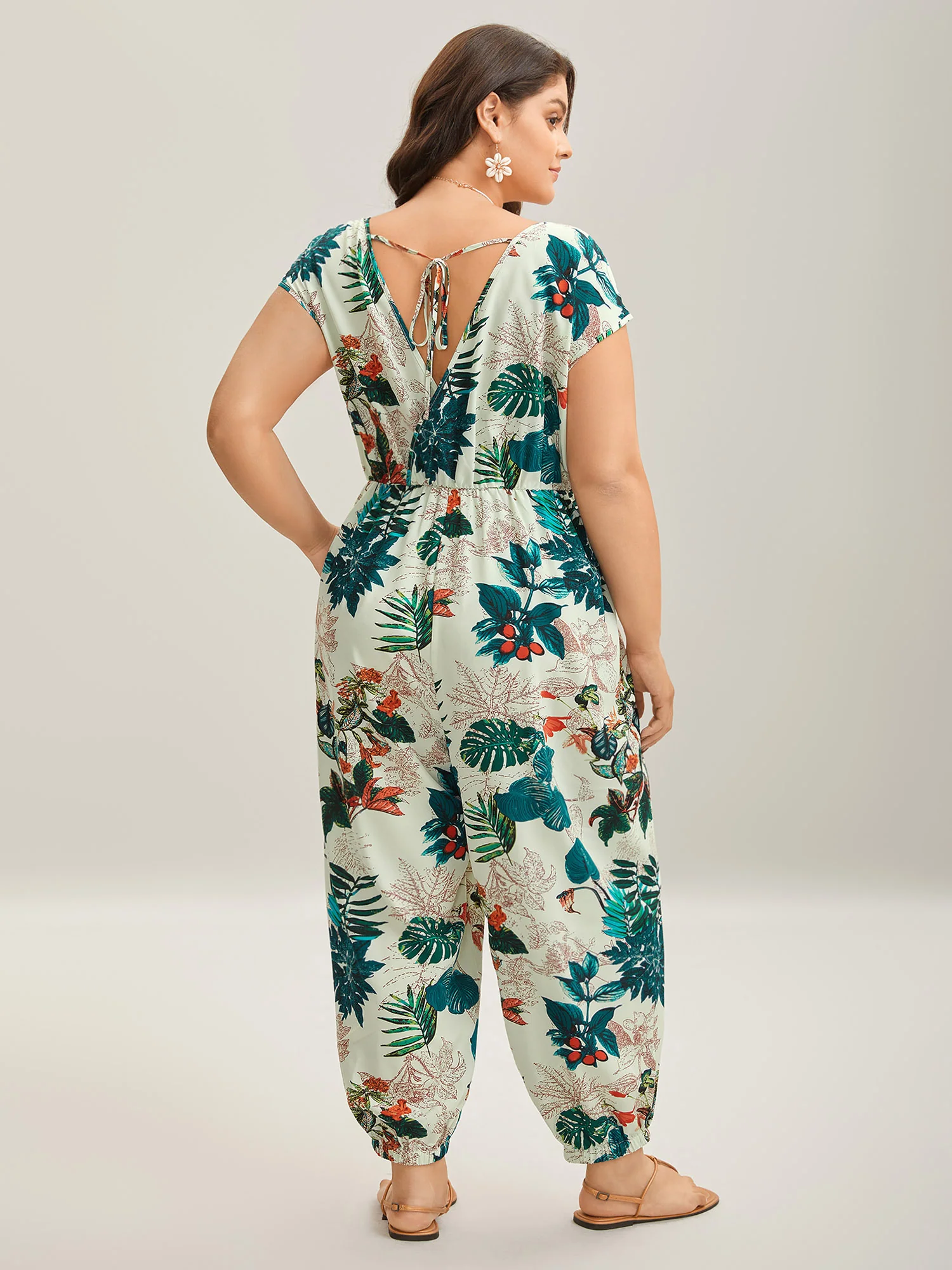 Tropical Print Surplice Neck Back Tie Jumpsuit - Image 4