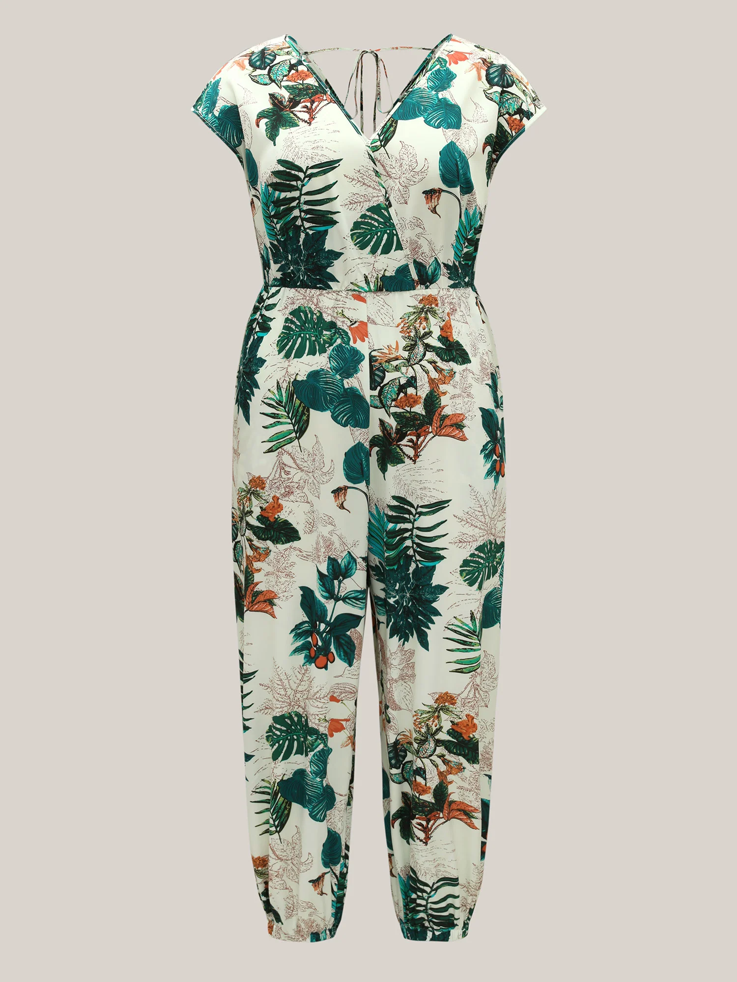 Tropical Print Surplice Neck Back Tie Jumpsuit - Image 7