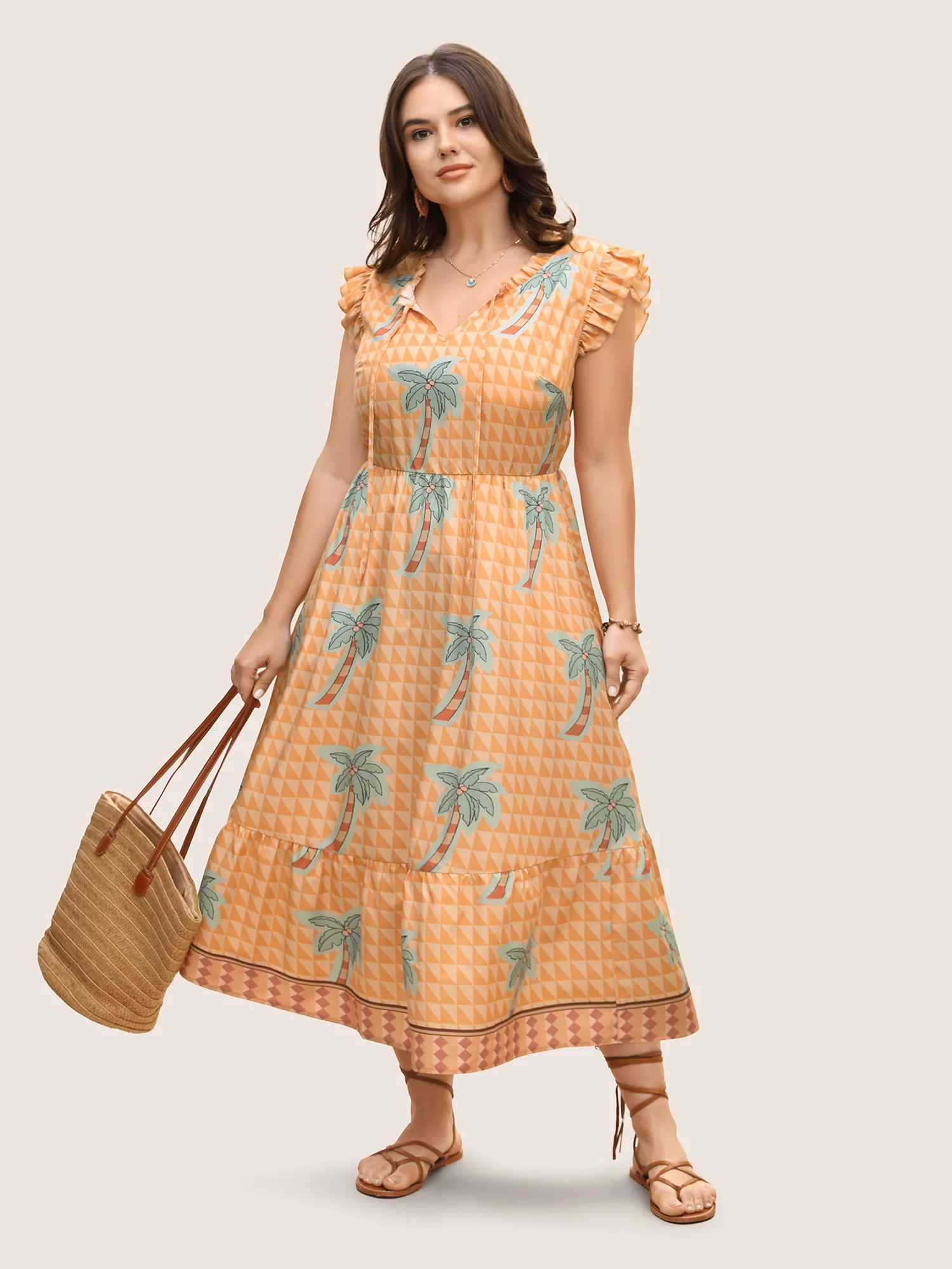 Tropical Print Tie Knot Ruffle Cap Sleeve Dress - Image 2