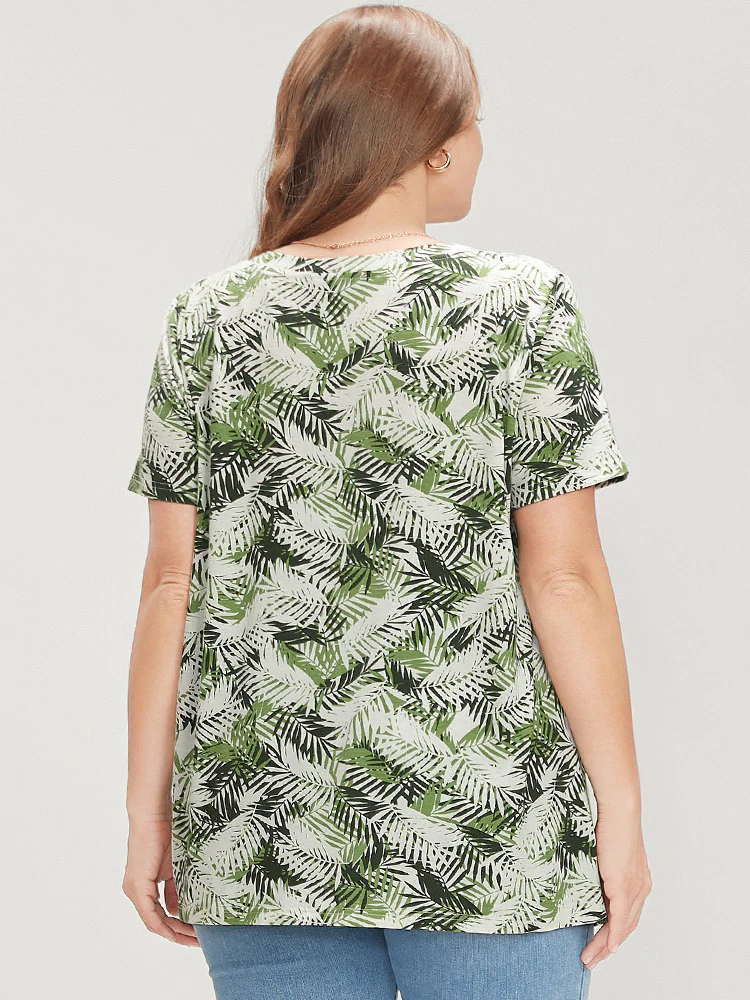 Tropical Print V Neck Contrast T-shirt - Image 5