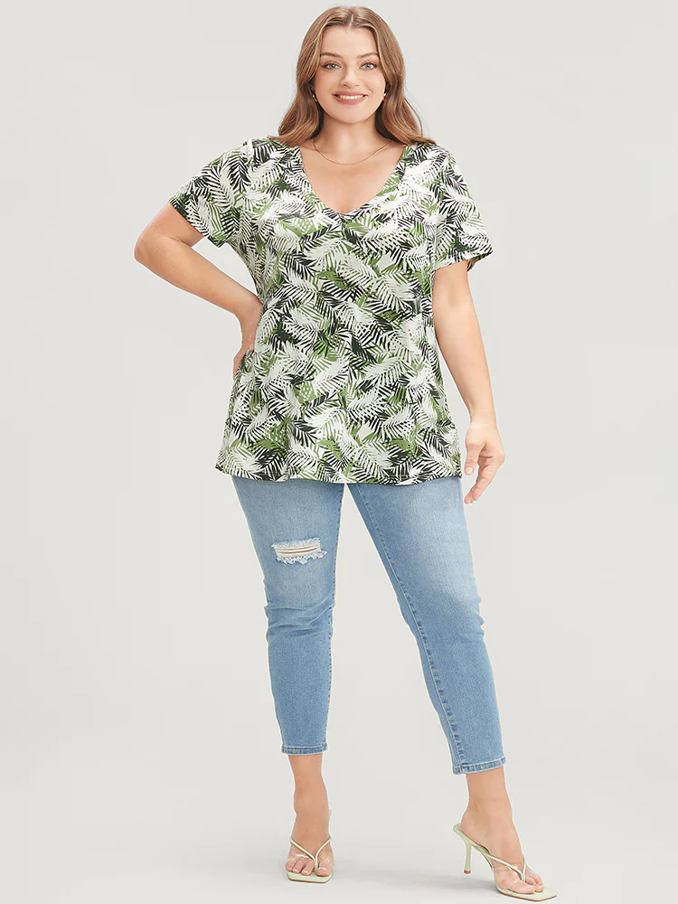 Tropical Print V Neck Contrast T-shirt - Image 6