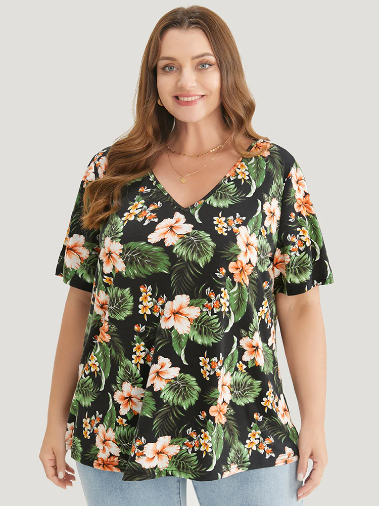 Tropical Print V Neck T-shirt - Image 2