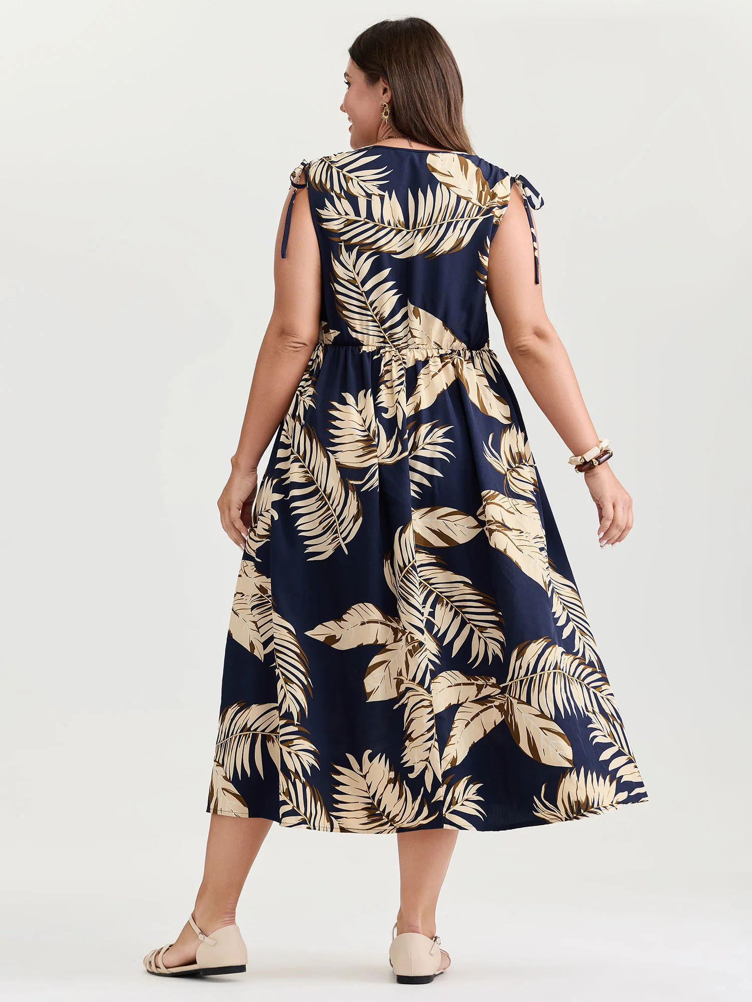 Tropical Print Wrap Neck Shoulder-Tie Midi Dress - Image 4