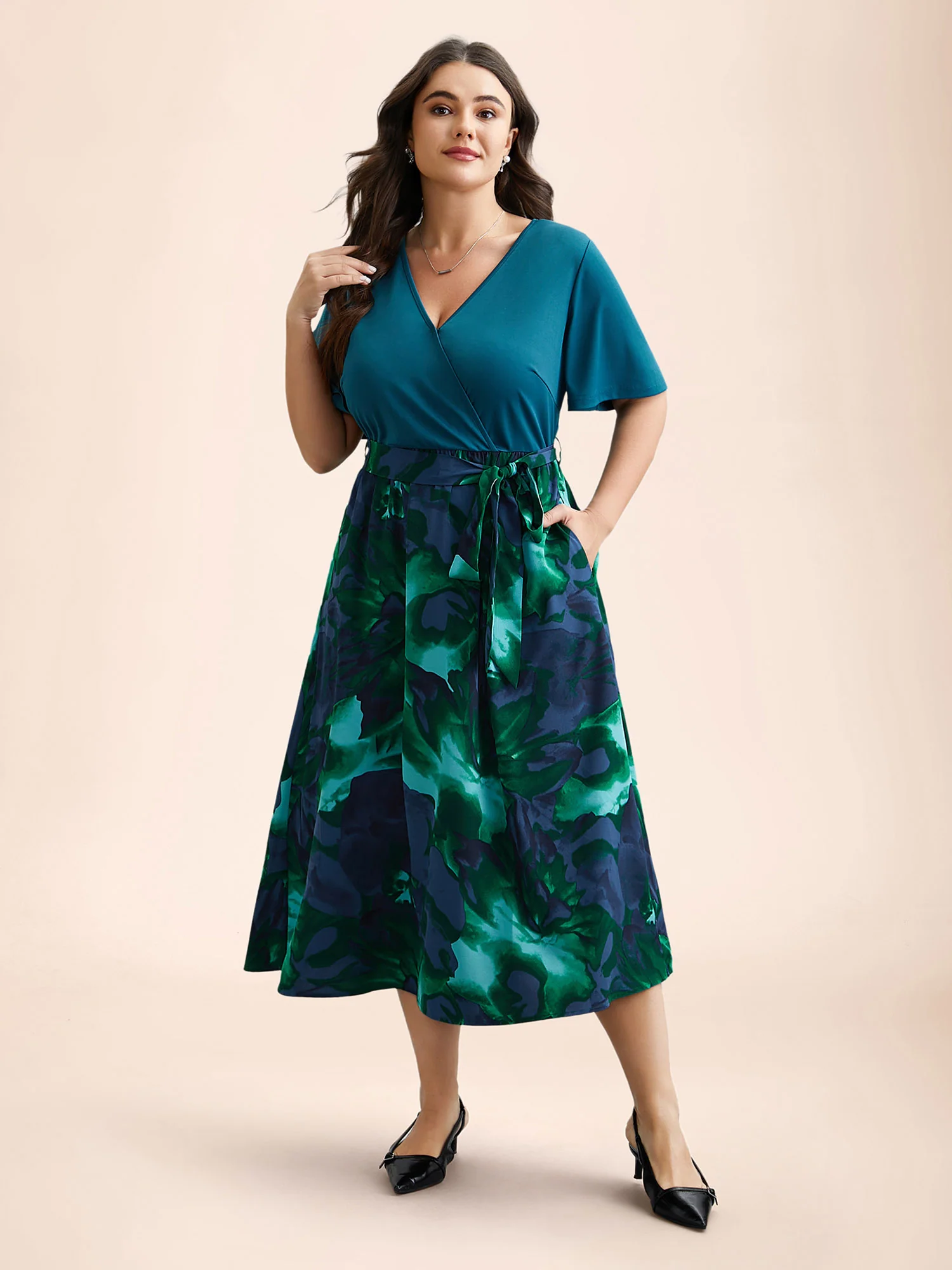 Tropical Print Wrap Neck Waist-Tie Dress - Image 3