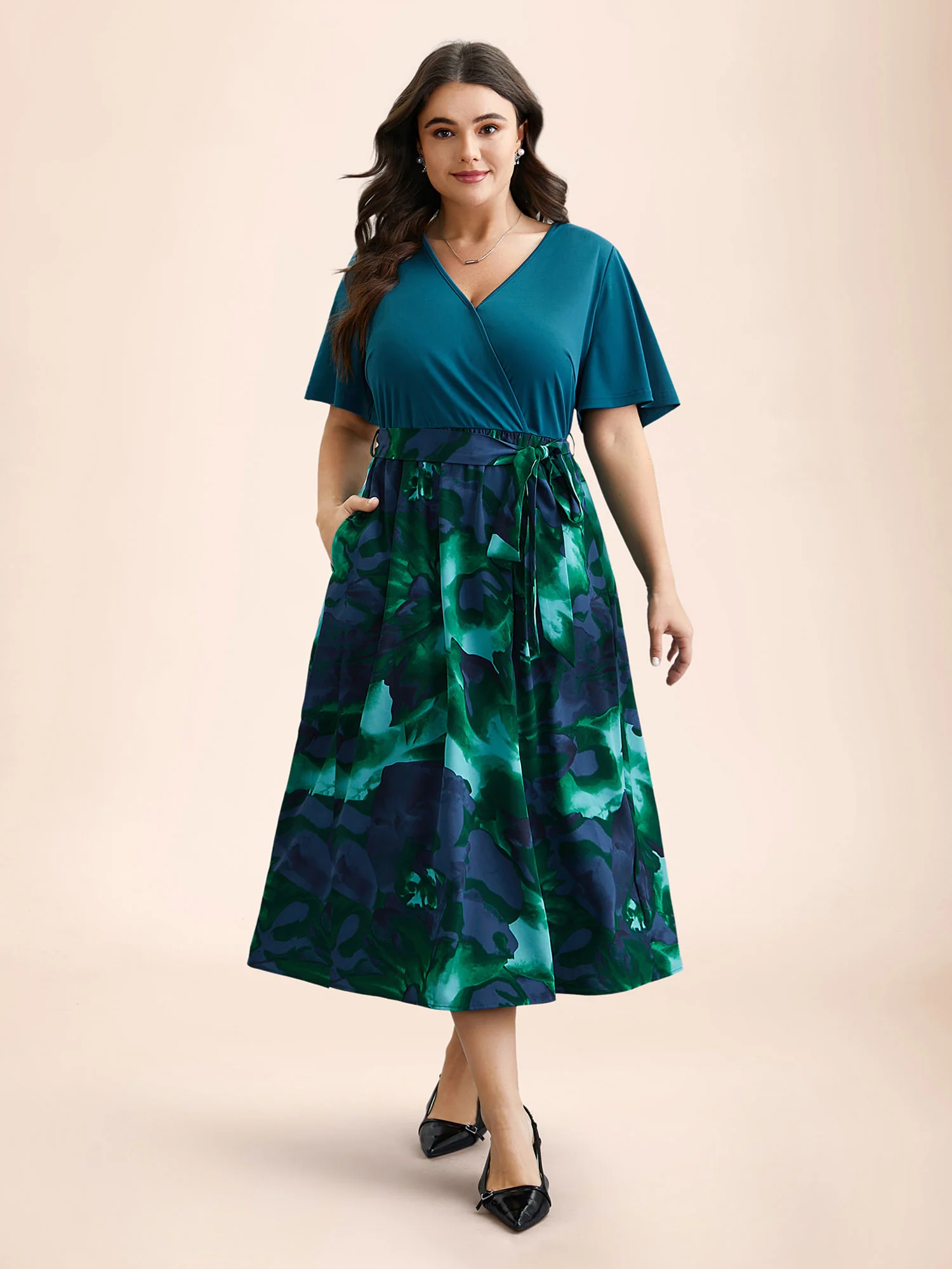 Tropical Print Wrap Neck Waist-Tie Dress - Image 4