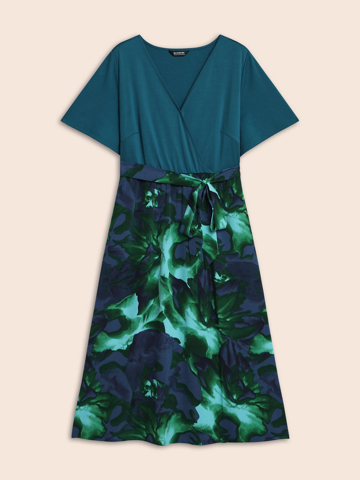 Tropical Print Wrap Neck Waist-Tie Dress - Image 8