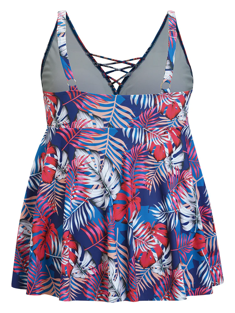 Tropical Print Wrap Ruffles Crisscross Swim Dress - Image 11