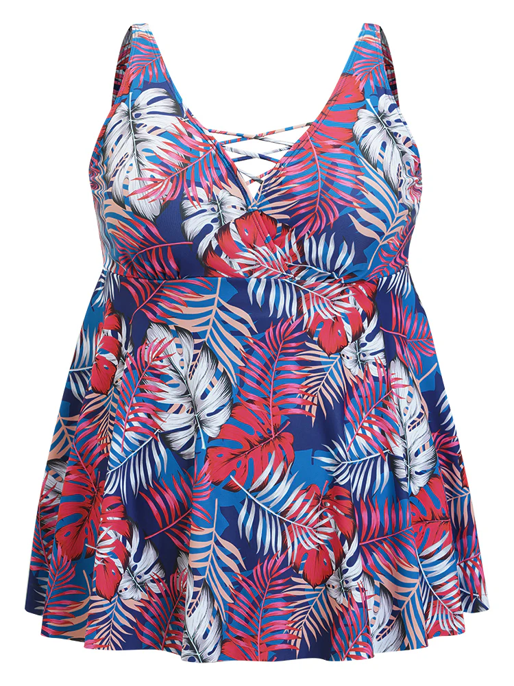Tropical Print Wrap Ruffles Crisscross Swim Dress - Image 12