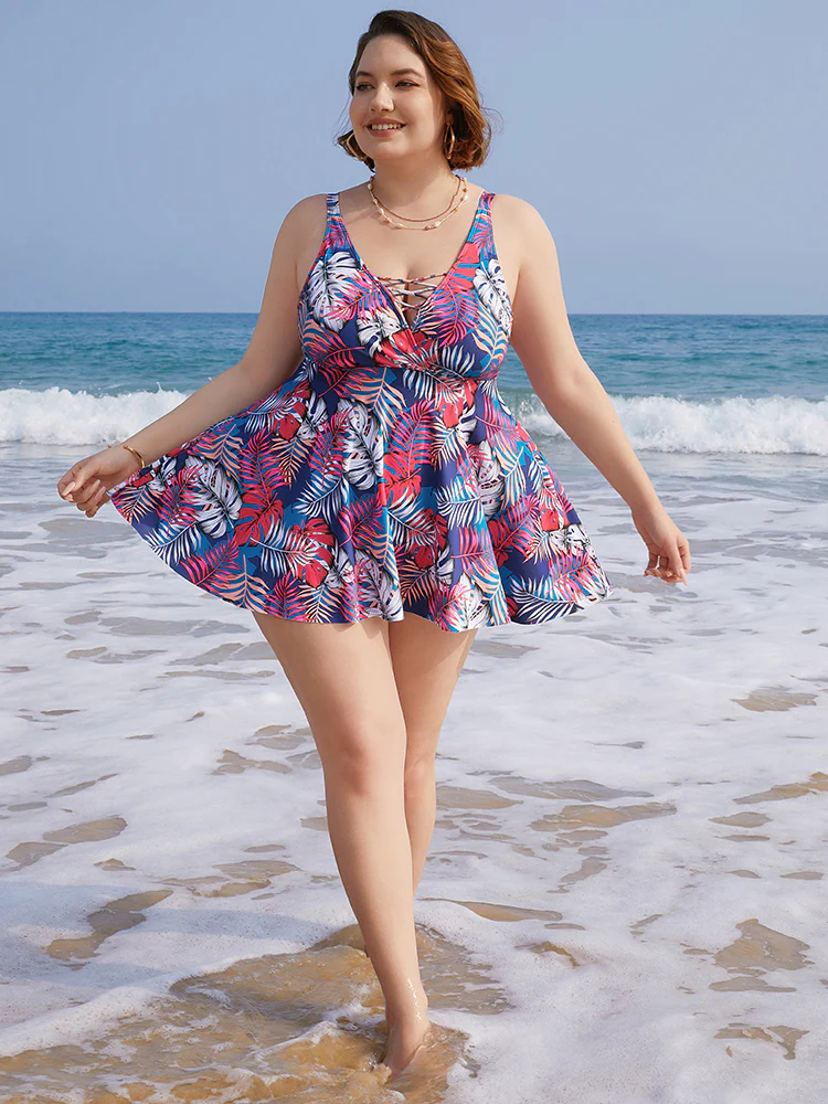 Tropical Print Wrap Ruffles Crisscross Swim Dress - Image 6