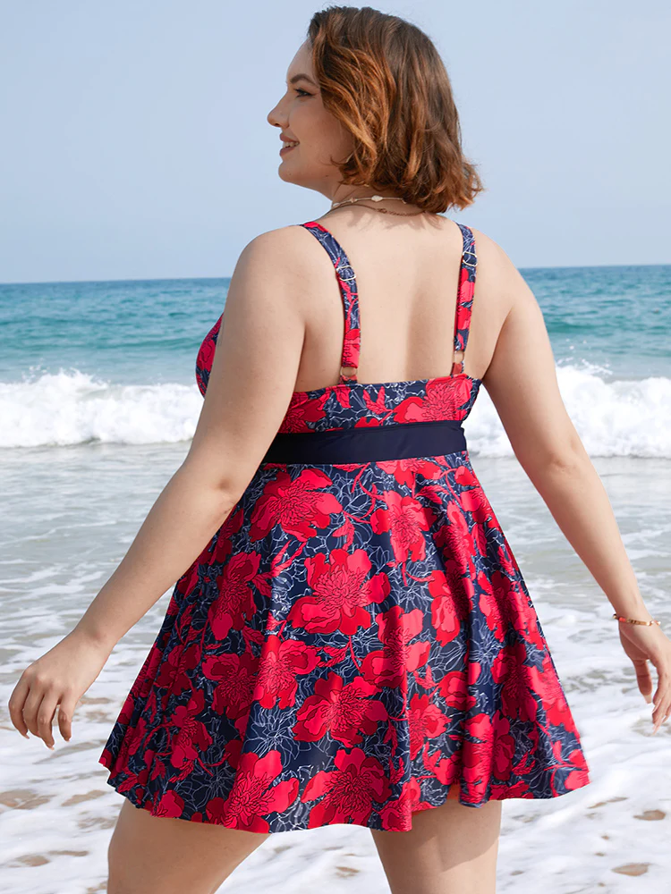 Tropical Printed Patchwork Ruffle Swim Dress - Image 2