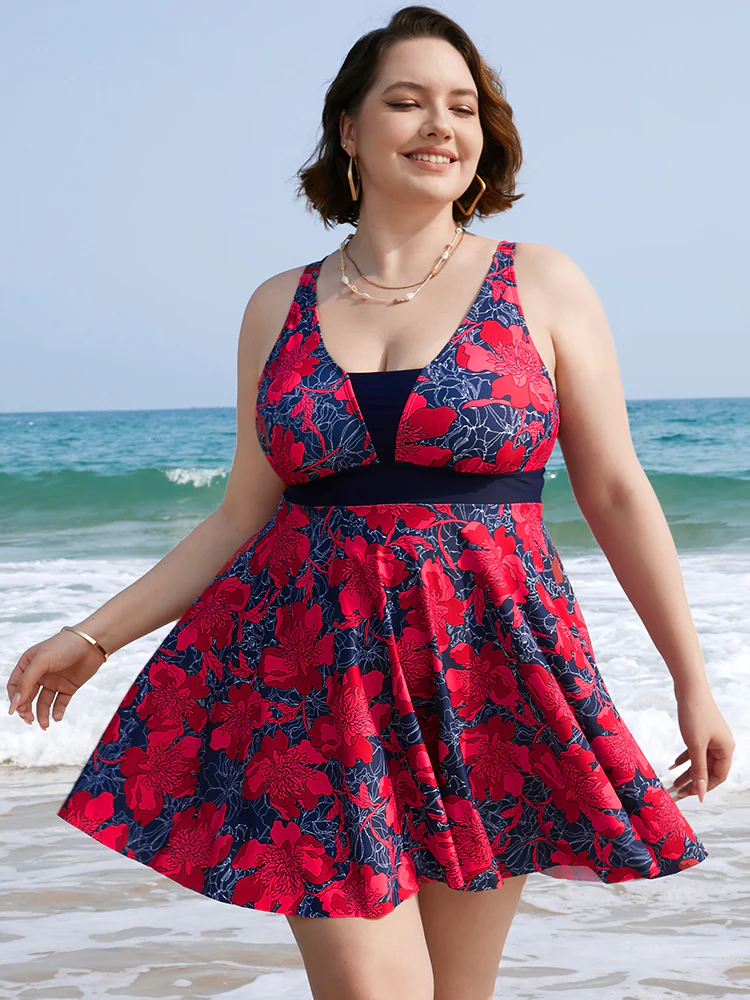 Tropical Printed Patchwork Ruffle Swim Dress - Image 3