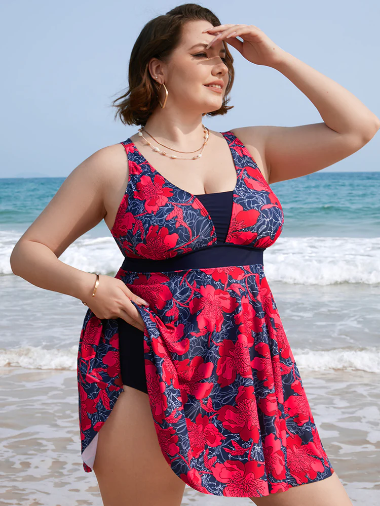 Tropical Printed Patchwork Ruffle Swim Dress - Image 5