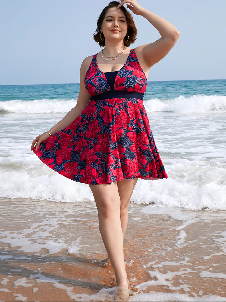 Tropical Printed Patchwork Ruffle Swim Dress - Image 6