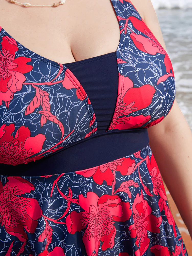 Tropical Printed Patchwork Ruffle Swim Dress - Image 7
