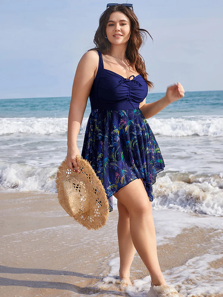 Tropical Ruched Ties Hanky Hem Crisscross Swim Dress - Image 10