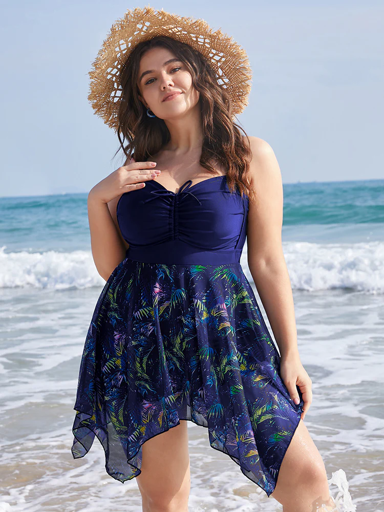 Tropical Ruched Ties Hanky Hem Crisscross Swim Dress - Image 12