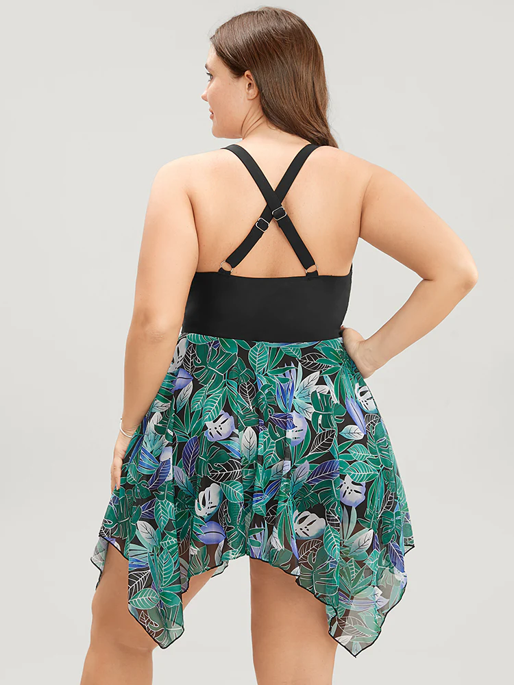 Tropical Ruched Ties Hanky Hem Crisscross Swim Dress - Image 18
