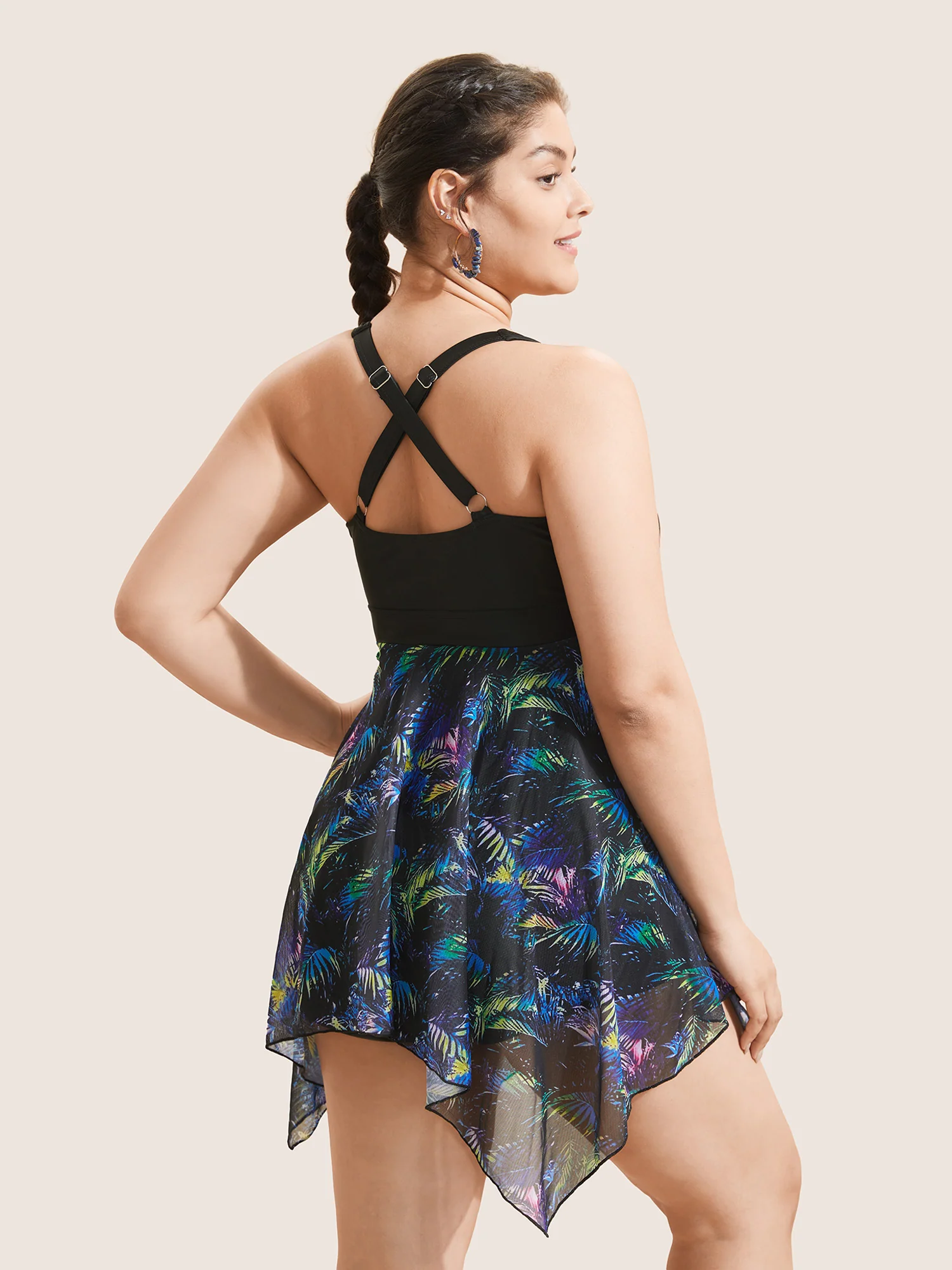 Tropical Ruched Ties Hanky Hem Crisscross Swim Dress - Image 2