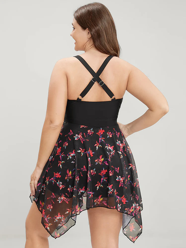 Tropical Ruched Ties Hanky Hem Crisscross Swim Dress - Image 26