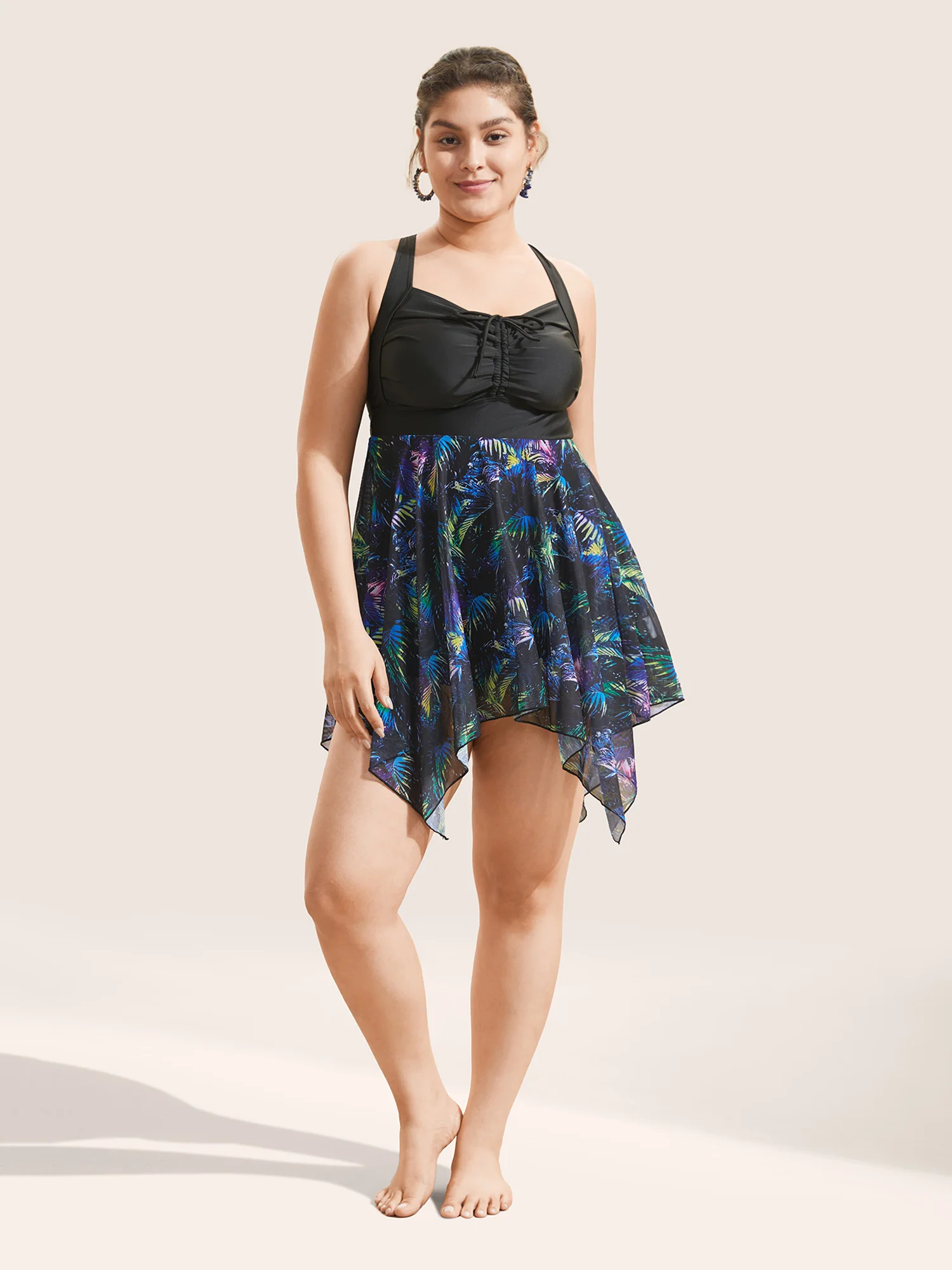Tropical Ruched Ties Hanky Hem Crisscross Swim Dress - Image 3