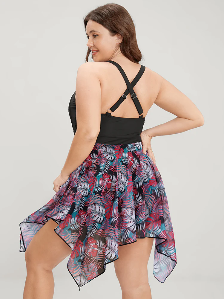 Tropical Ruched Ties Hanky Hem Crisscross Swim Dress - Image 32