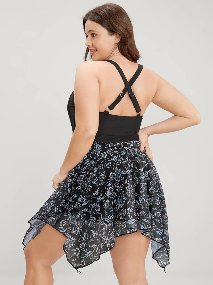 Tropical Ruched Ties Hanky Hem Crisscross Swim Dress - Image 34