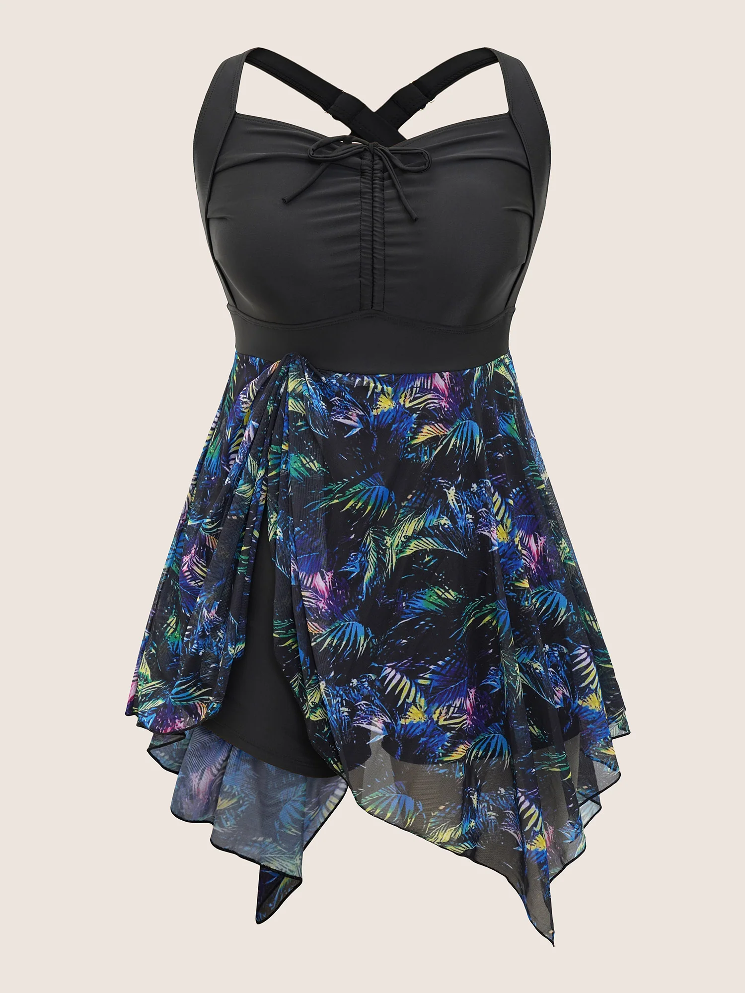 Tropical Ruched Ties Hanky Hem Crisscross Swim Dress - Image 7
