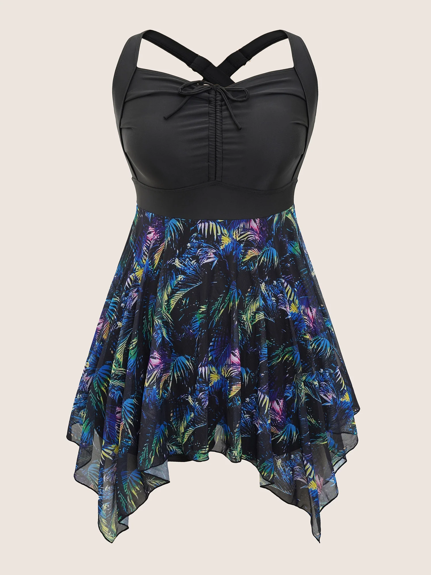 Tropical Ruched Ties Hanky Hem Crisscross Swim Dress - Image 8