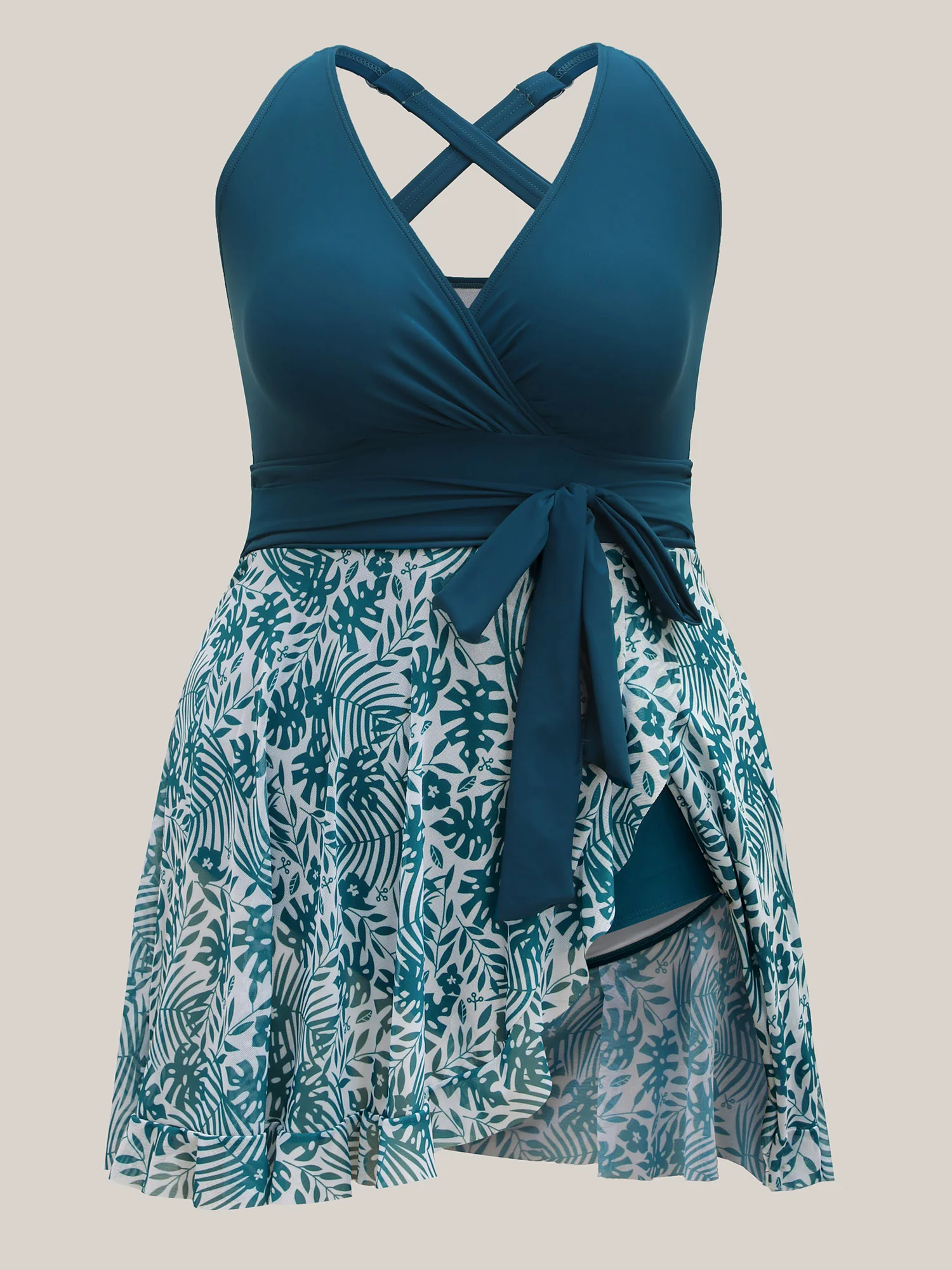 Tropical Split Mesh Belted Swim Dress - Image 8