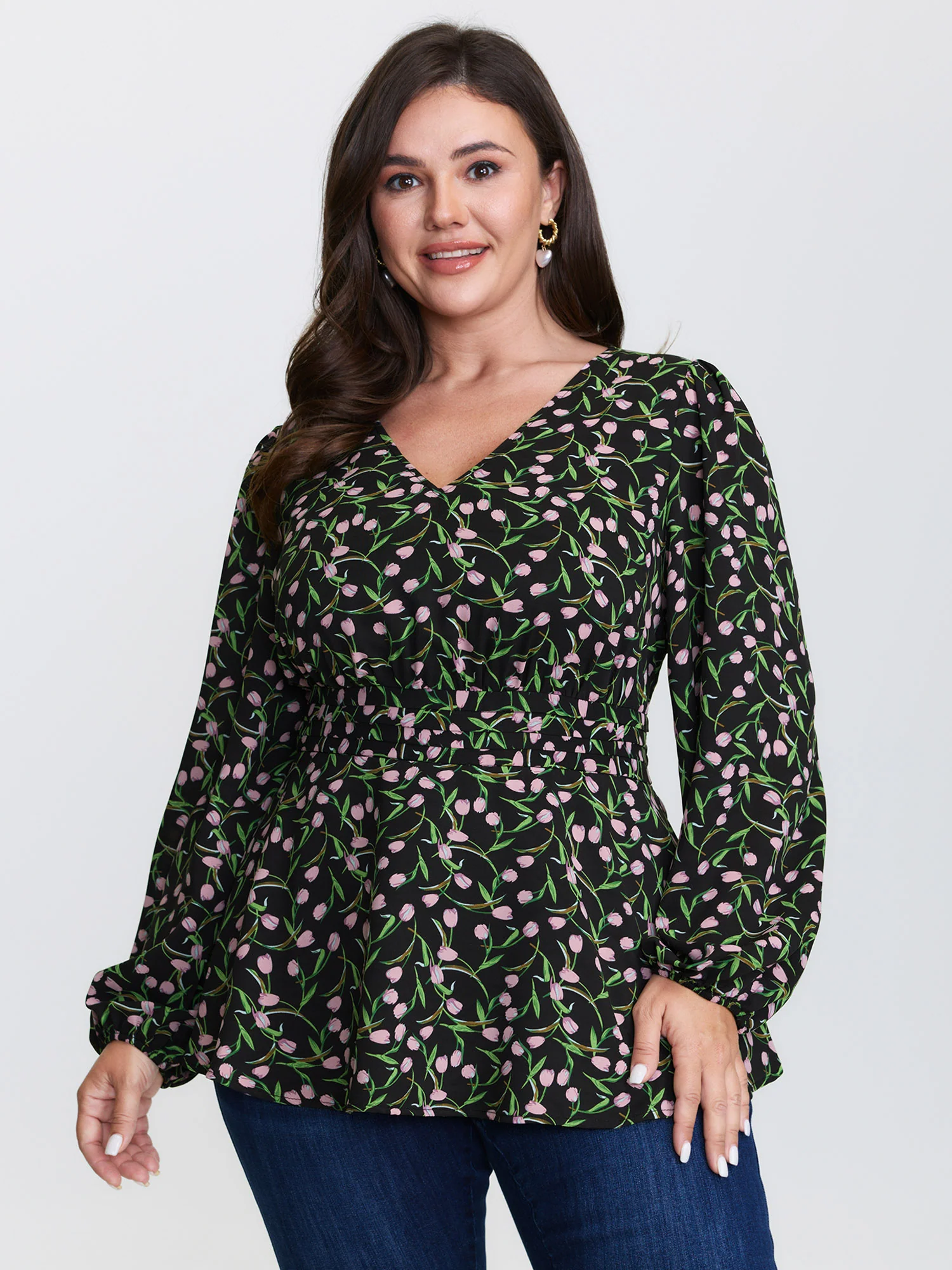 Tulip Print Cinched Flared Blouse