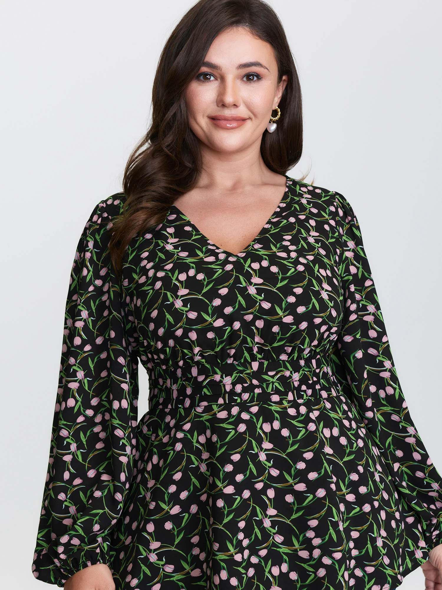 Tulip Print Cinched Flared Blouse - Image 2
