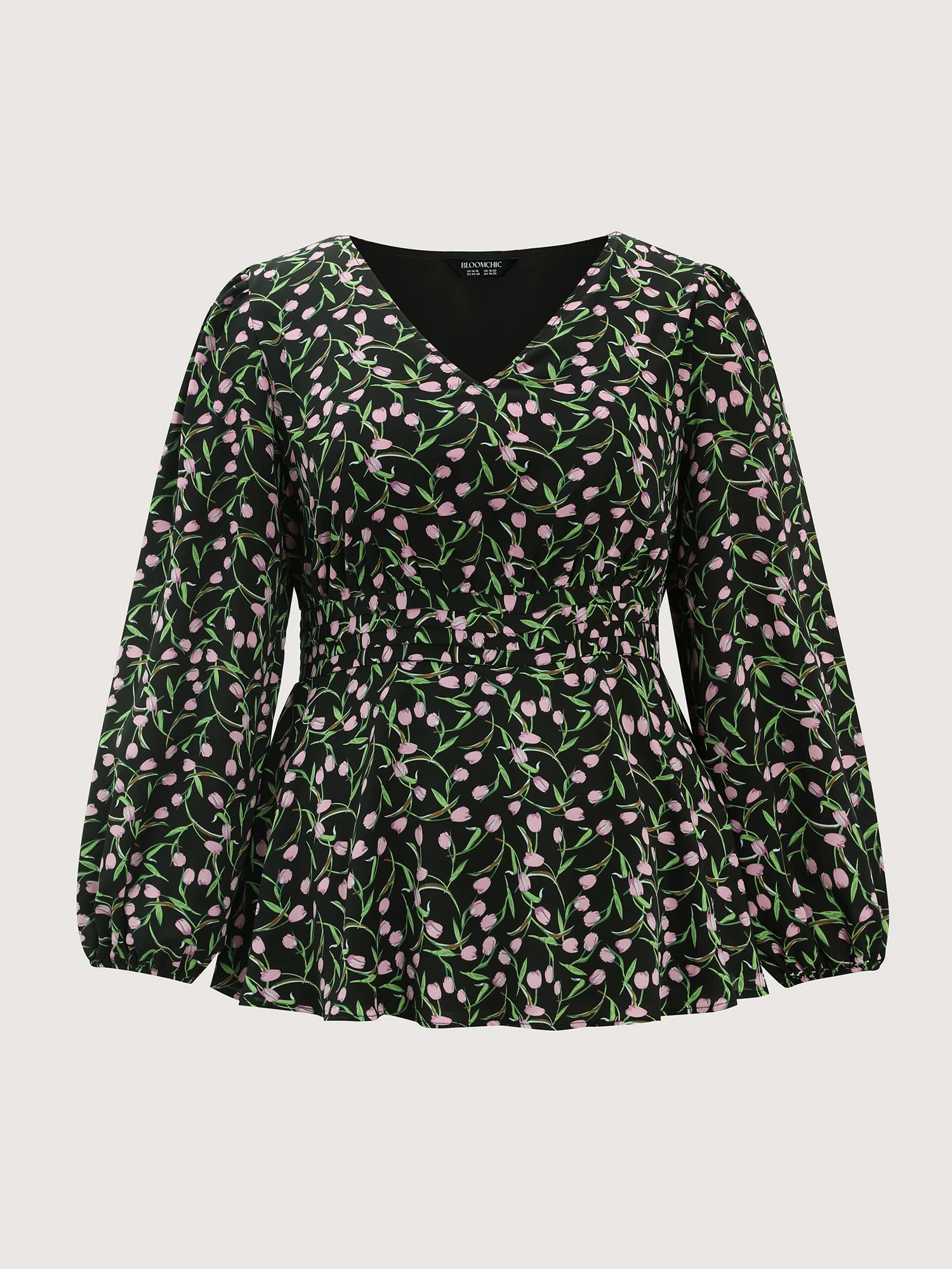 Tulip Print Cinched Flared Blouse - Image 7