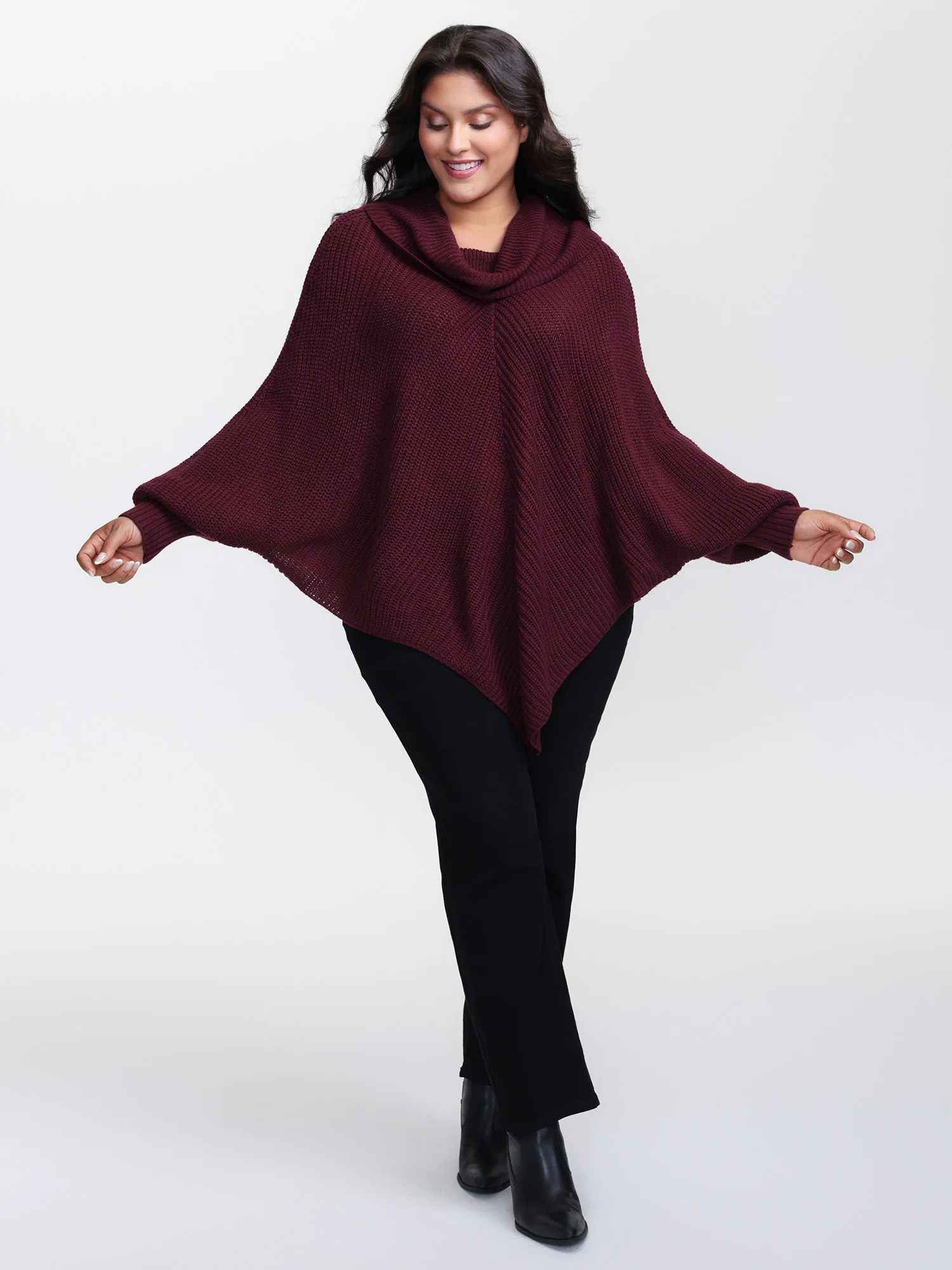 Turtle Neck Batwing Sleeve Asymmetrical Hem Pullover - Image 2