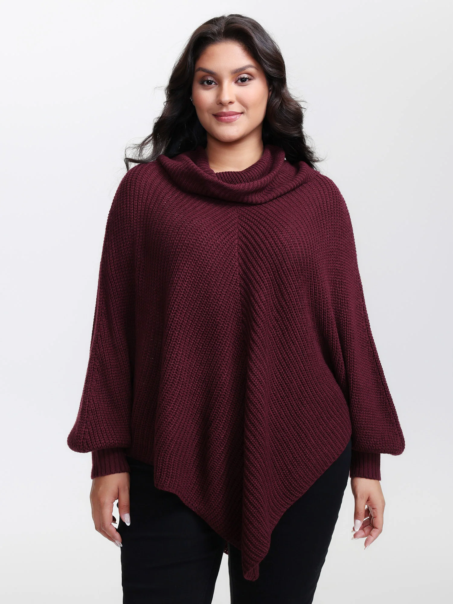 Turtle Neck Batwing Sleeve Asymmetrical Hem Pullover - Image 3
