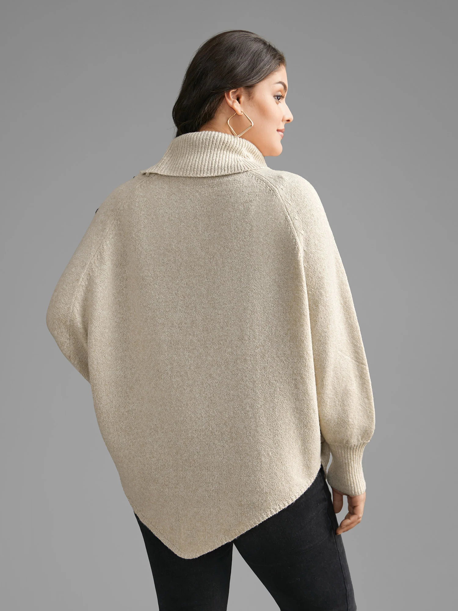 Turtleneck Cable Knit Asymmetrical Hem Pullover - Image 2