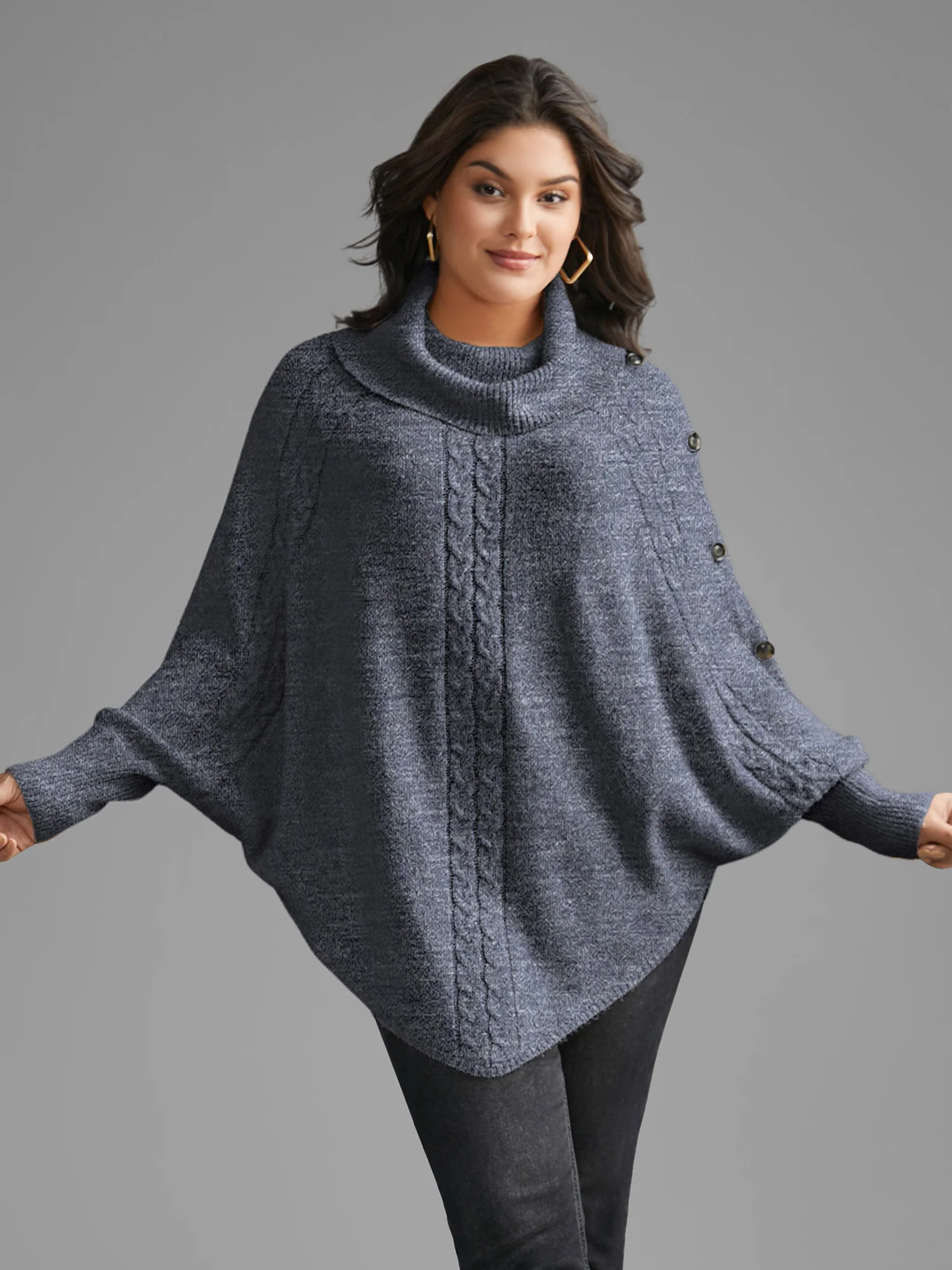 Turtleneck Cable Knit Asymmetrical Hem Pullover - Image 9