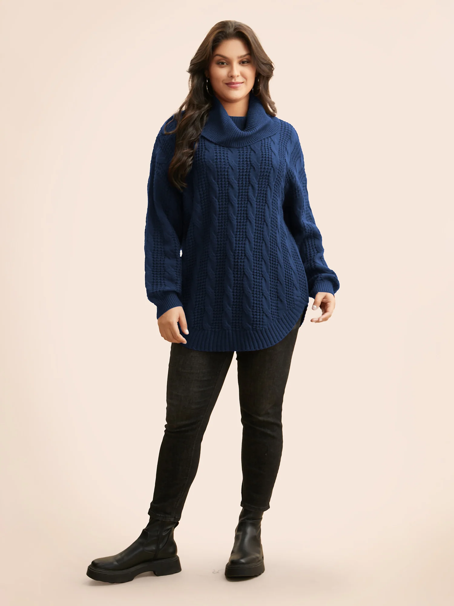 Turtleneck Cable Knit Curved Hem Pullover - Image 12