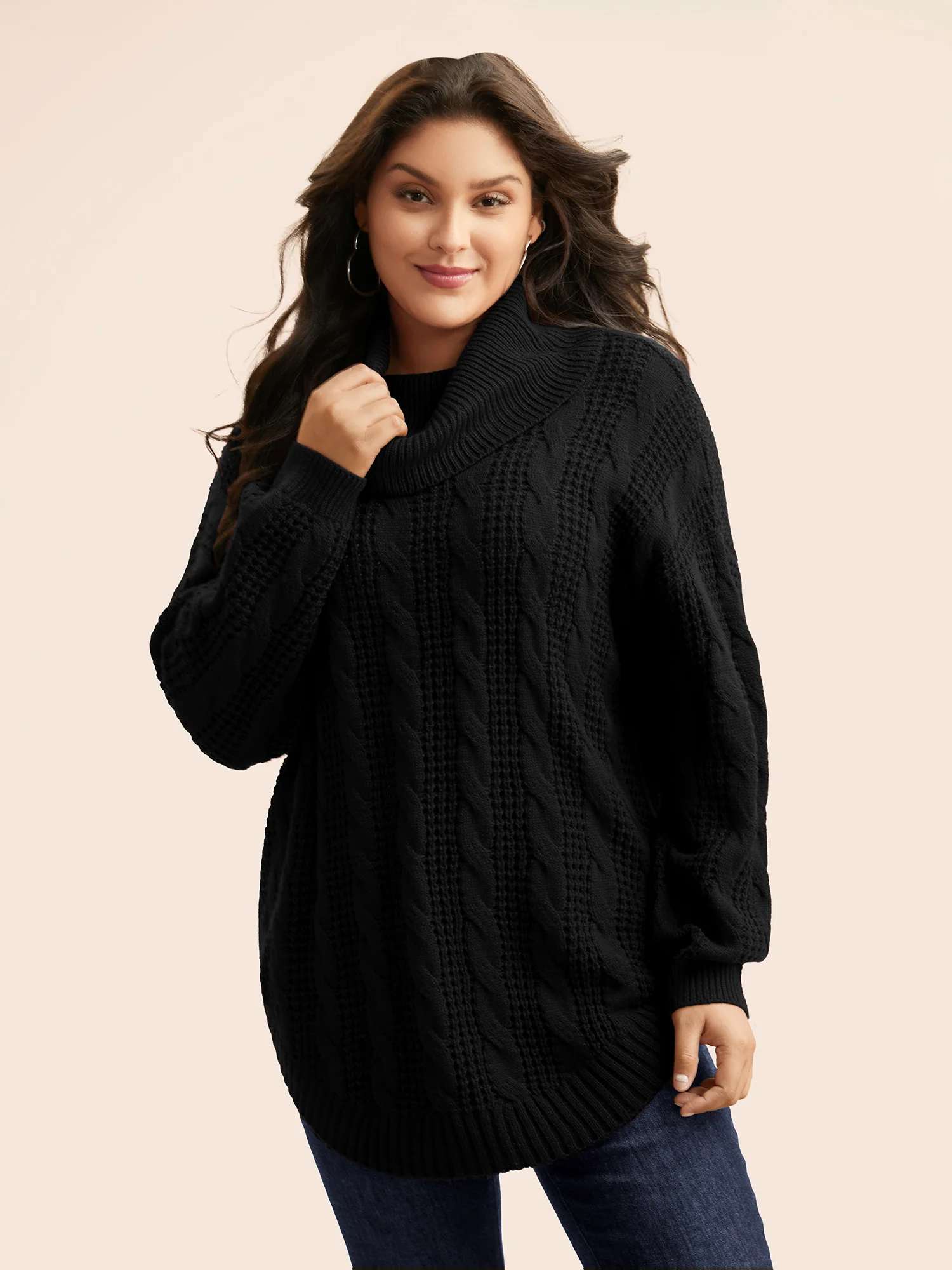 Turtleneck Cable Knit Curved Hem Pullover - Image 13