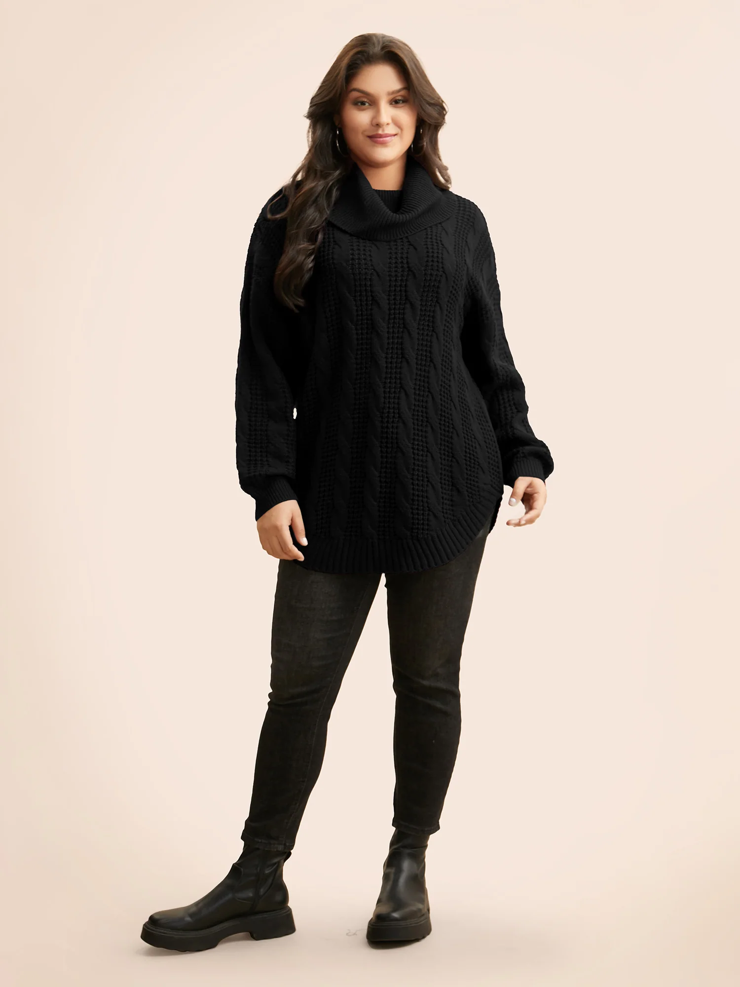Turtleneck Cable Knit Curved Hem Pullover - Image 16