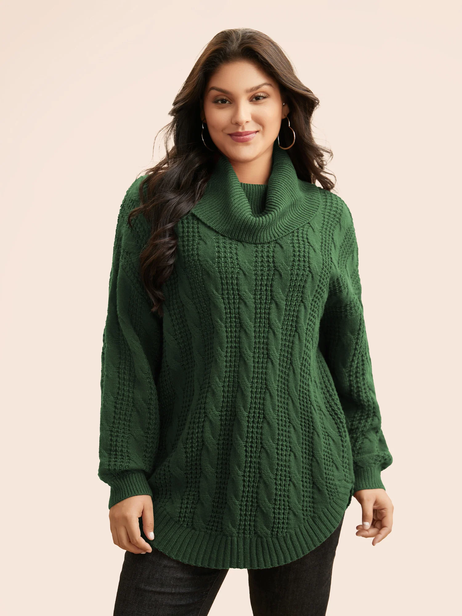 Turtleneck Cable Knit Curved Hem Pullover - Image 17