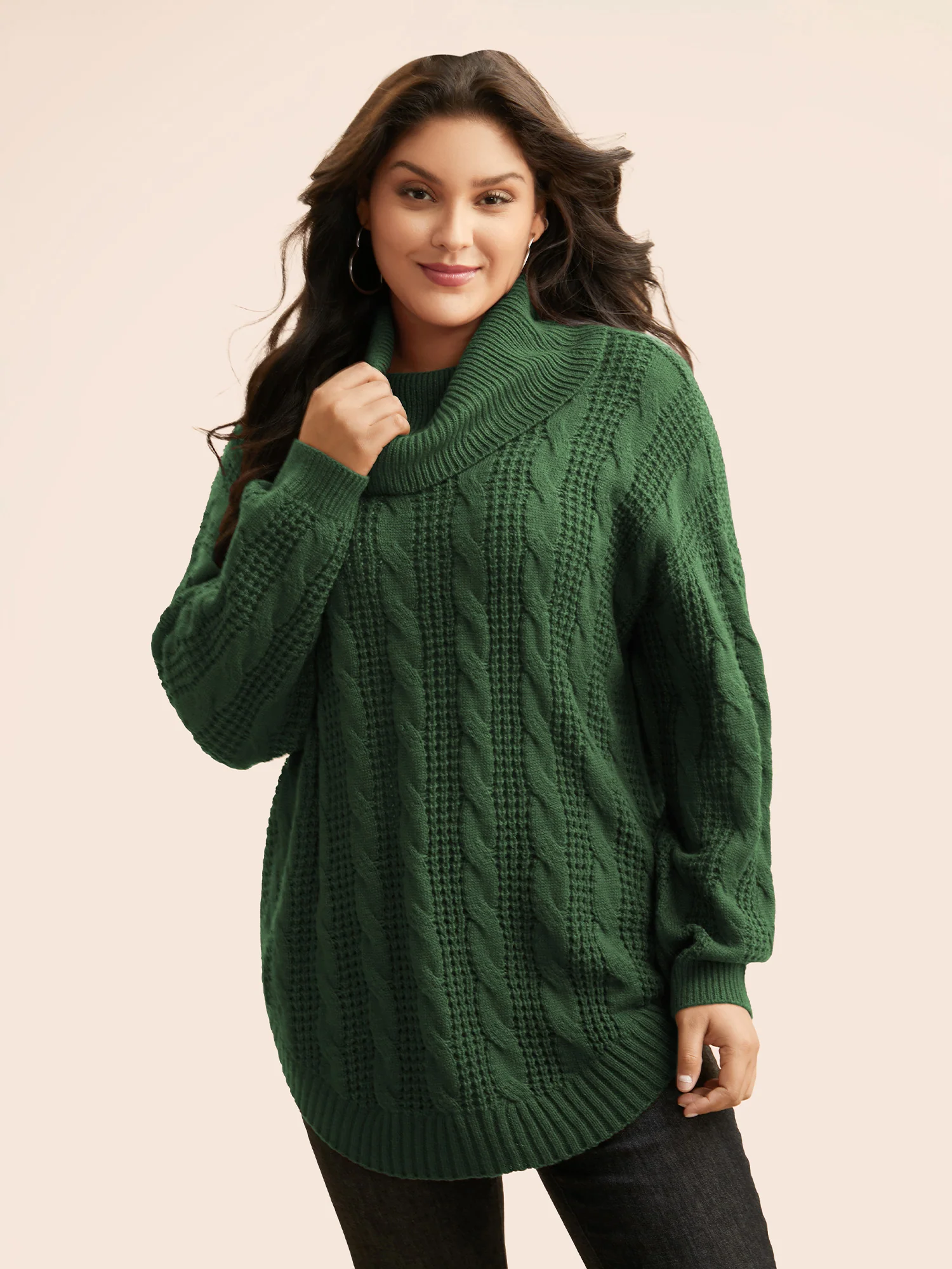 Turtleneck Cable Knit Curved Hem Pullover - Image 19
