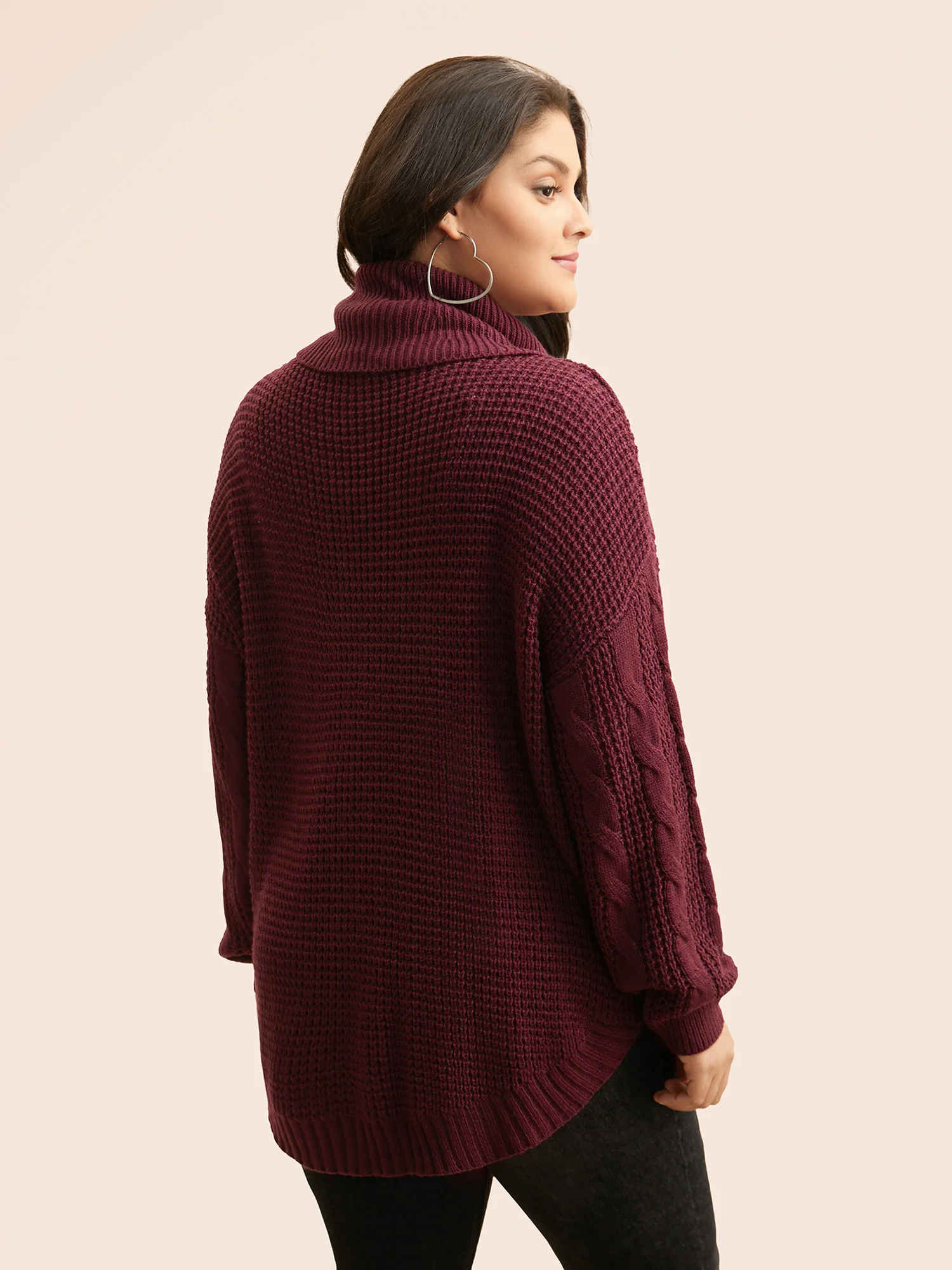 Turtleneck Cable Knit Curved Hem Pullover - Image 2