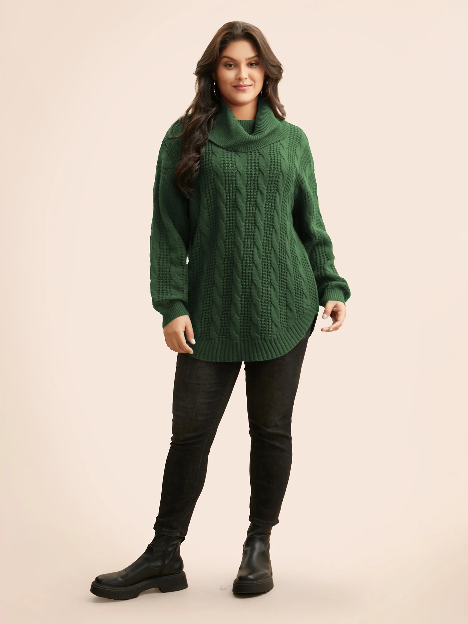 Turtleneck Cable Knit Curved Hem Pullover - Image 20