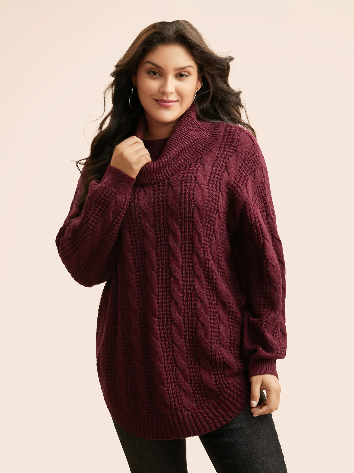 Turtleneck Cable Knit Curved Hem Pullover - Image 3