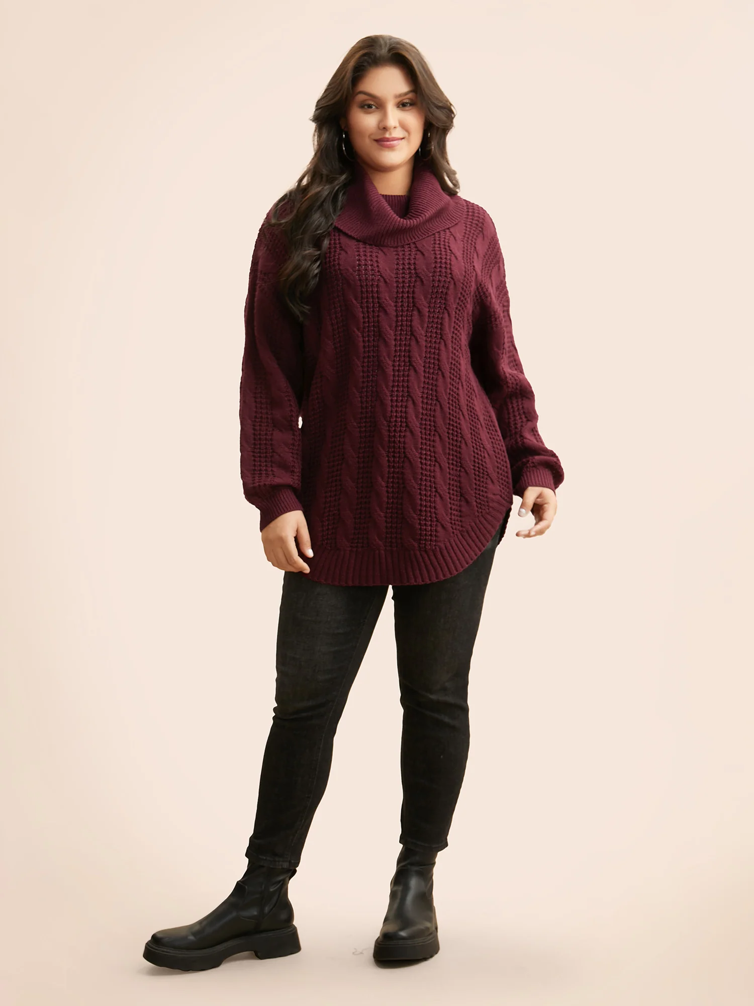 Turtleneck Cable Knit Curved Hem Pullover - Image 4