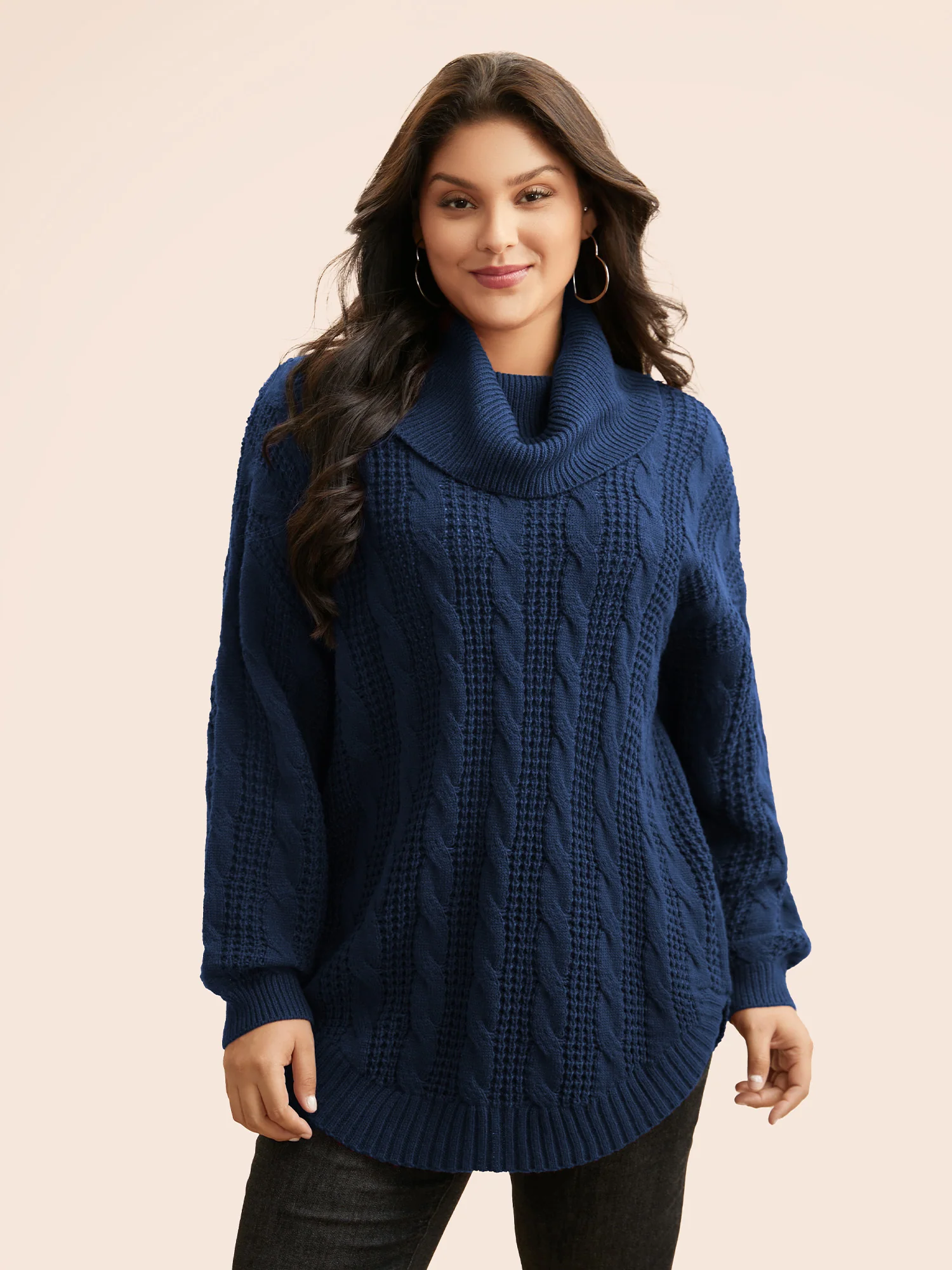 Turtleneck Cable Knit Curved Hem Pullover - Image 9