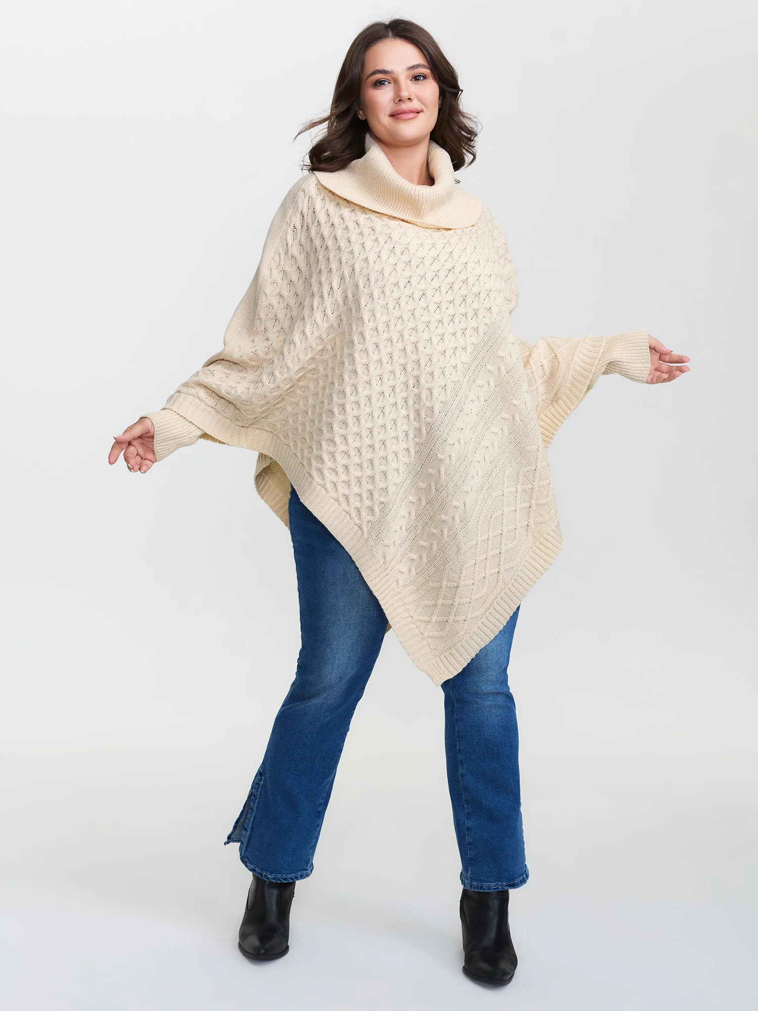 Turtleneck Cableknit Batwing Sleeve Pullover