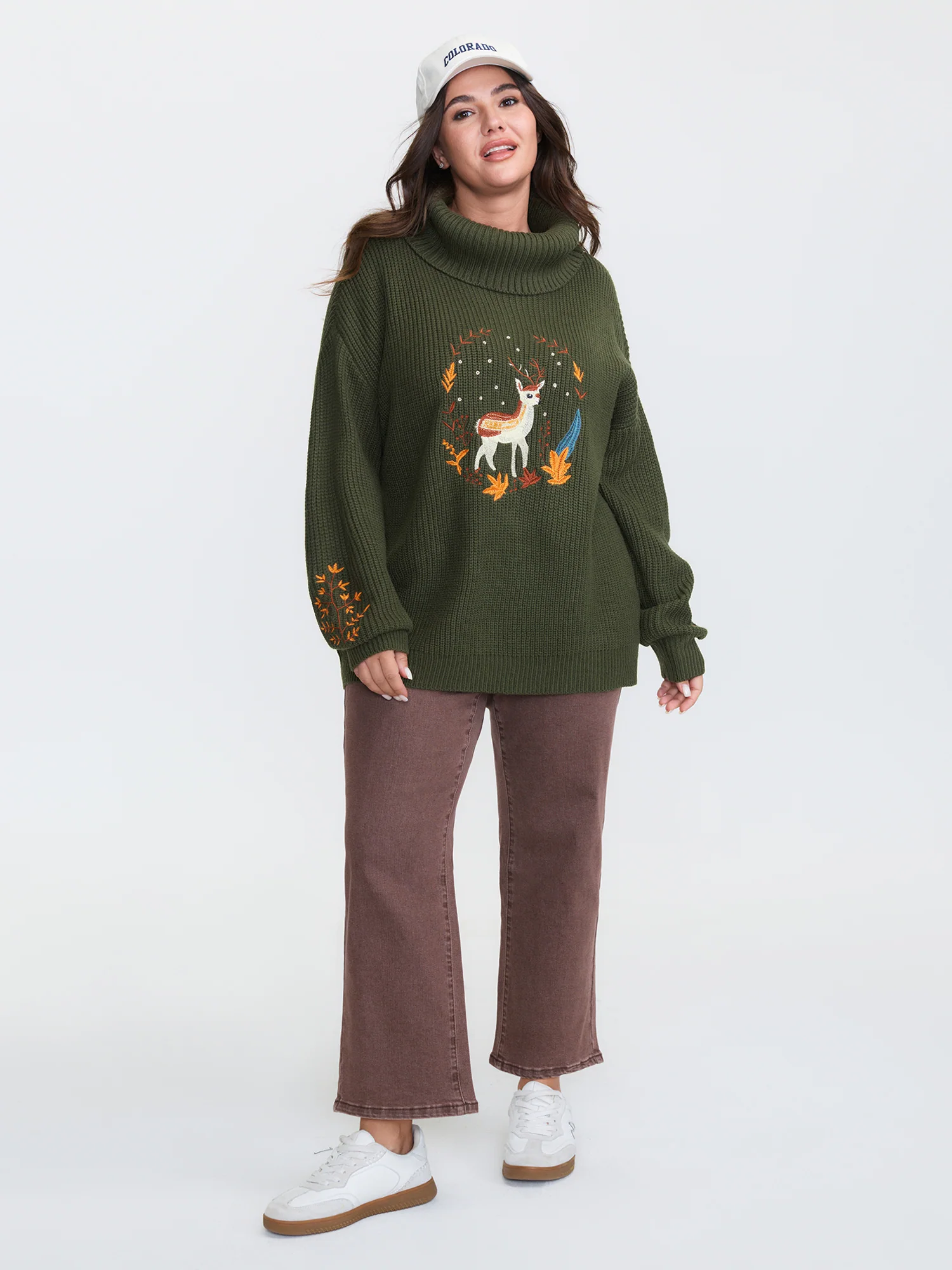 Turtleneck Deer Embroidery Knit Pullover - Image 2